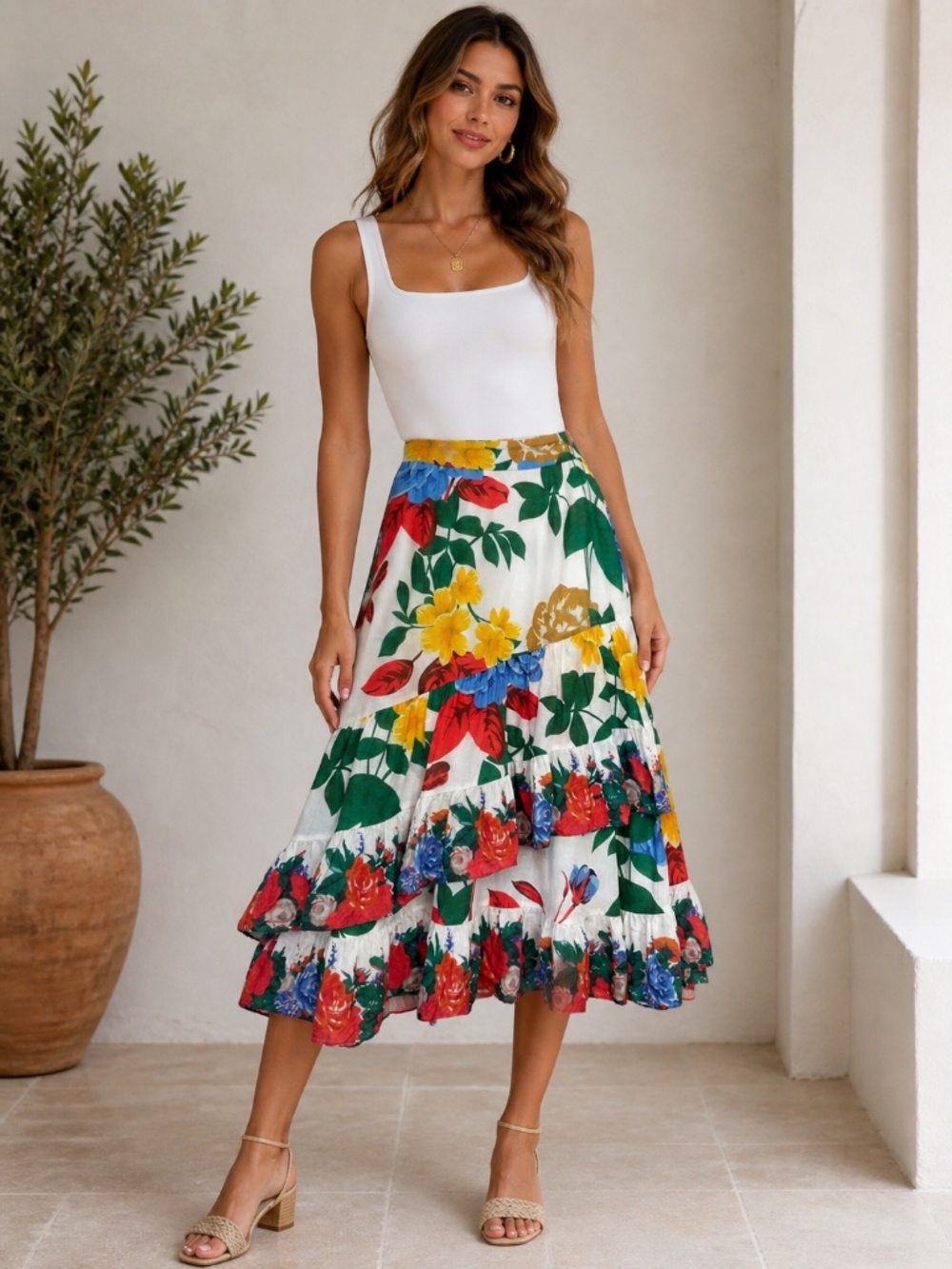 Kobi Halperin Floral Ruffle Midi Skirt